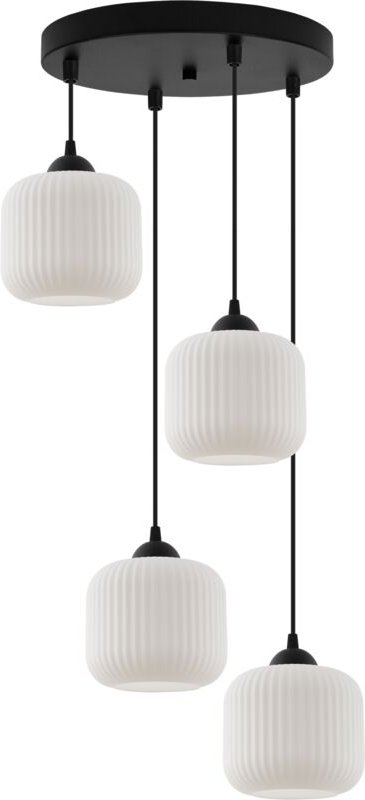 Riffle Hängelampe Schwarz 4 Flache Weisse Zylinderlampenschirme E27