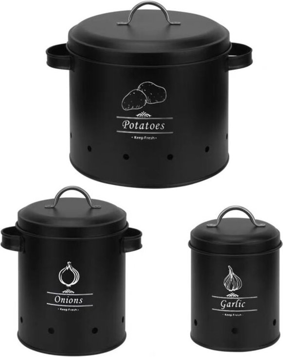 Tlily - 3-teiliges Aufbewahrungseimer-Set aus Metall mit 360-Grad-Belüftungssystem, große Kapazität, Mehrzweck-Knoblauch...