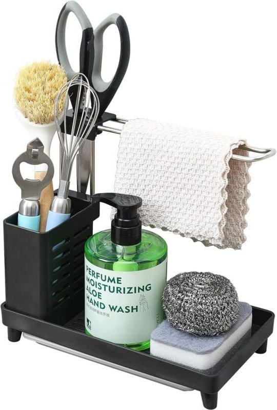 Waschbecken-Organizer mit Abtropffläche, Handtuchhalter für Schwämme, Bürsten, Küche und Bad