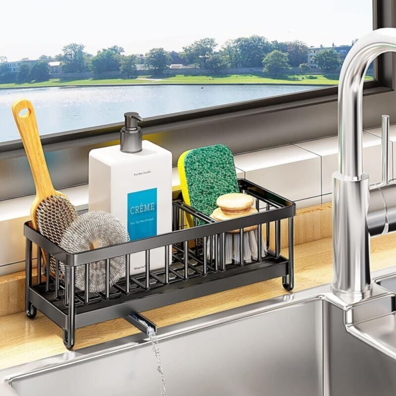 Küchenspülen-Organizer, Schwammhalter aus Stahl mit selbstentleerender Schale zur Aufbewahrung von Schwämmen, Bürsten un...