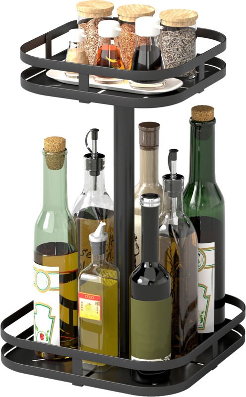 Drehbares Gewürzregal, 2-stufiges Design, Saugfüße, Metall, Schwarz