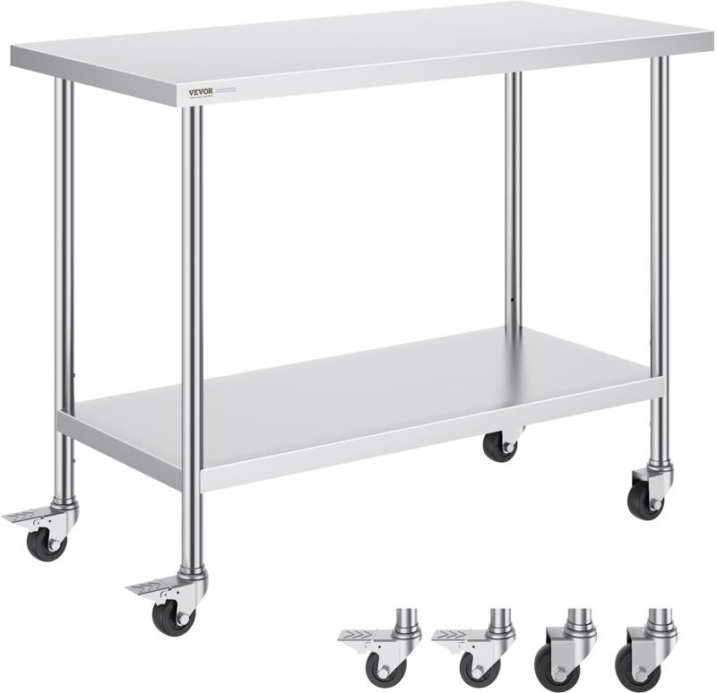 Arbeitstisch aus Edelstahl, Rollbarer Küchentisch, 3 einstellbaren Höhenstufen, robuster Küchentisch zur Lebensmittelzub...
