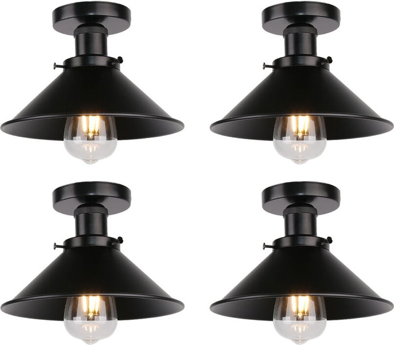Deckenleuchte Vintage Retro Deckenlampe Industriell Eisen Lampenschirm Hutform 22cm Alles Schwarz 4PCS