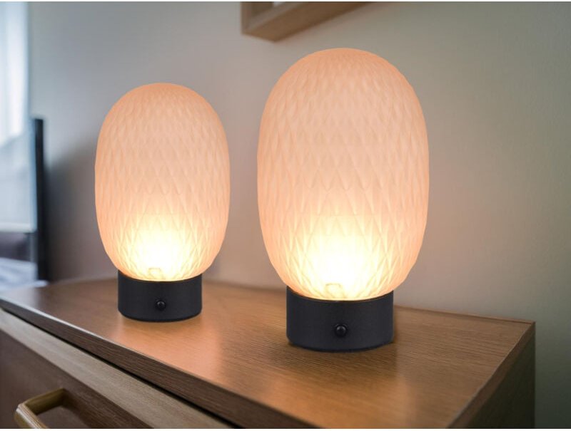 Meinewunschleuchte - 2er set kleine Akku Tischleuchten mit Glasschirm Bernsteinfarbig, Höhe 20,5cm