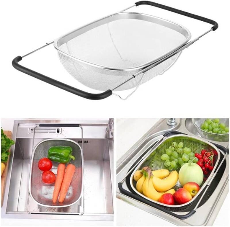 Abtropfgestell aus Edelstahl zum Abspülen und Abtropfen über der Spüle. Inklusive feinmaschigem Korb und Gummigriff. Aus...