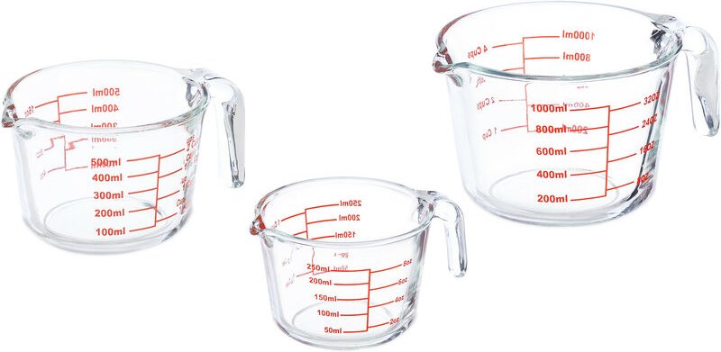 Messbecher Set, 3-teilig, Glasmessbecher 250 ml, 500 ml, 1l, hitzebeständig, mikrowellengeeignet, transparent - Relaxday...