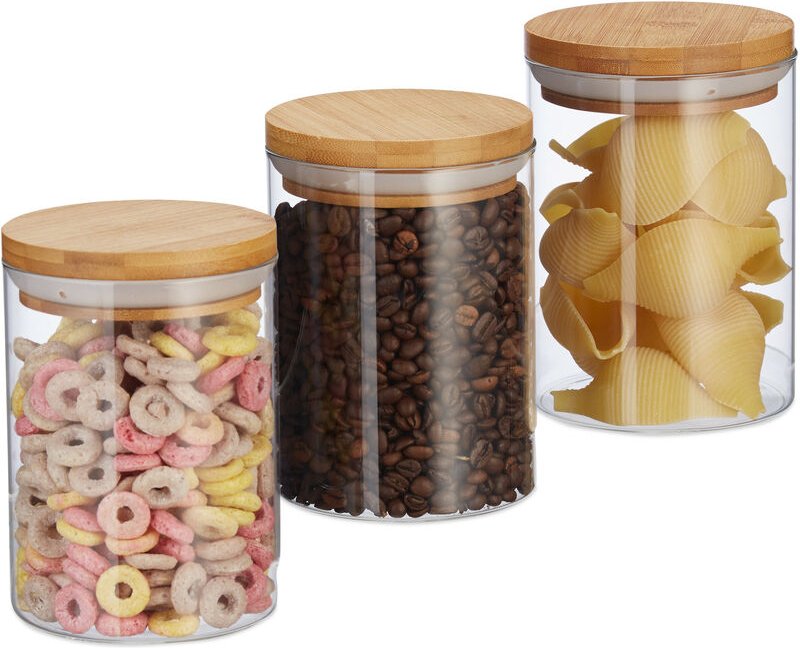 Vorratsdosen Glas, 3er Set, für Pasta, Reis, Müsli, Kaffeebohnen, Volumen 600 ml, HxD 14x9,5 cm, Bambus, natur - Relaxda...