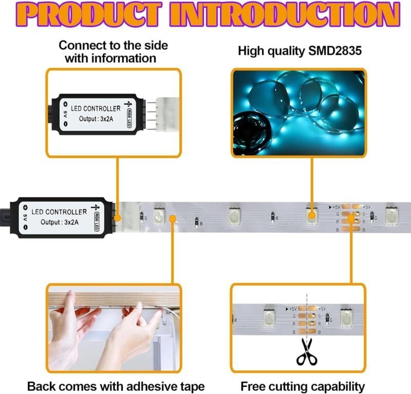 Batteriebetriebener LED-Lichtstreifen – 2 m – RGB 5050 – Batterie- oder USB-betrieben – per Fernbedienung dimmbar – 16 F...