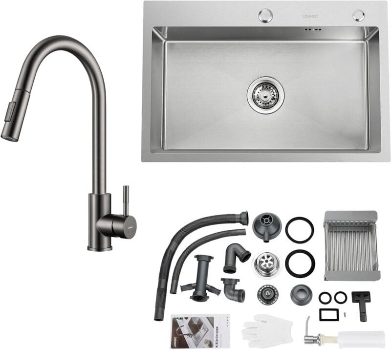 Lonheo Edelstahl Küchenspüle 68 x 45 cm Einbauspüle für ab 80cm Unterschrank + Hochdruck Dunkelgrau Küchenarmatur