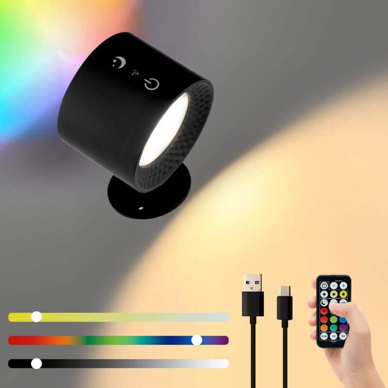 Wandleuchte für den Innenbereich, kabellose Touch-LED-Nachttischlampe mit Fernbedienung, 360° drehbare, dimmbare RGB-Wan...