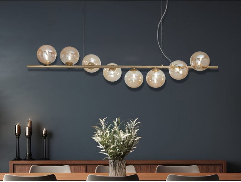 Thumbnail - Große LED Pendelleuchte 8-flammig Gold-Glaskugeln Bernstein, Breite 145cm