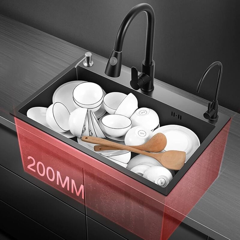 Schwarz Spülbecken, Edelstahl Einbauspüle Küchenspüle Spülbecken Waschbecken mit Seifenspender und Wasserschlauch, Edels...