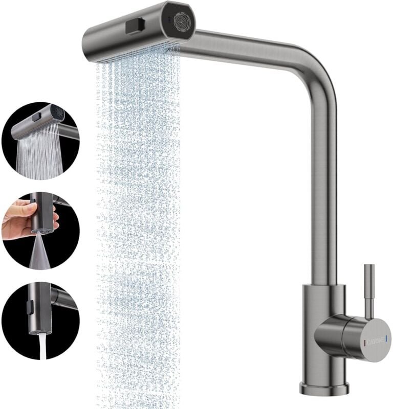 Edelstahl-Wasserfall-Küchenarmatur, herausziehbarer Spültischarmatur mit 3-Modus-Sprüher, moderner Einloch-Spültischarma...