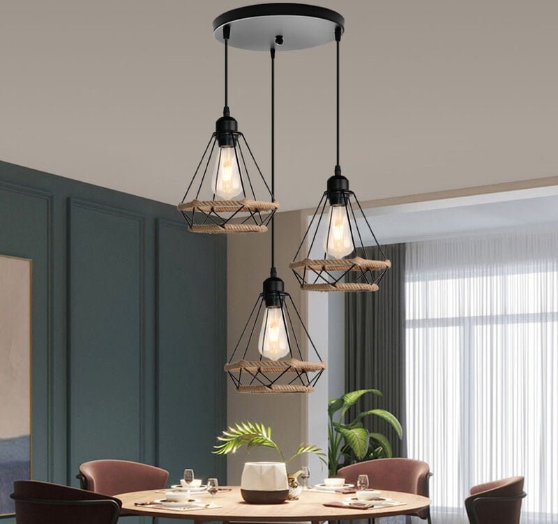 Axhup - Pendelleuchte 3 Flammig Hanf Seil Hängelampe mit Käfig Ø20cm Diamant Form Lampen im Industri Stil für für Wohnzi...