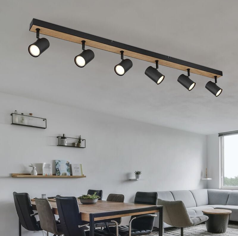Deckenstrahler schwarz Spot Deckenleuchte Spotleiste 6 flammig, MDF Holzoptik skandinavisch, 6x GU10 Fassungen, LxBxH 11...
