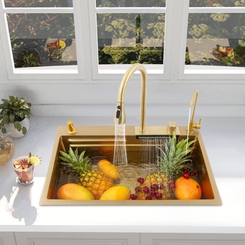 Kitchen Sink Set, Kitchen Sink with Waterfall, 304 Stainless Steel Modern Kitchen Sink with Pull-Out Faucet