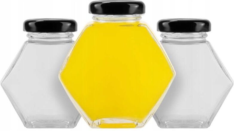 12 sechseckige dekorative Glasbehälter 100ml Marmelade Gewürze