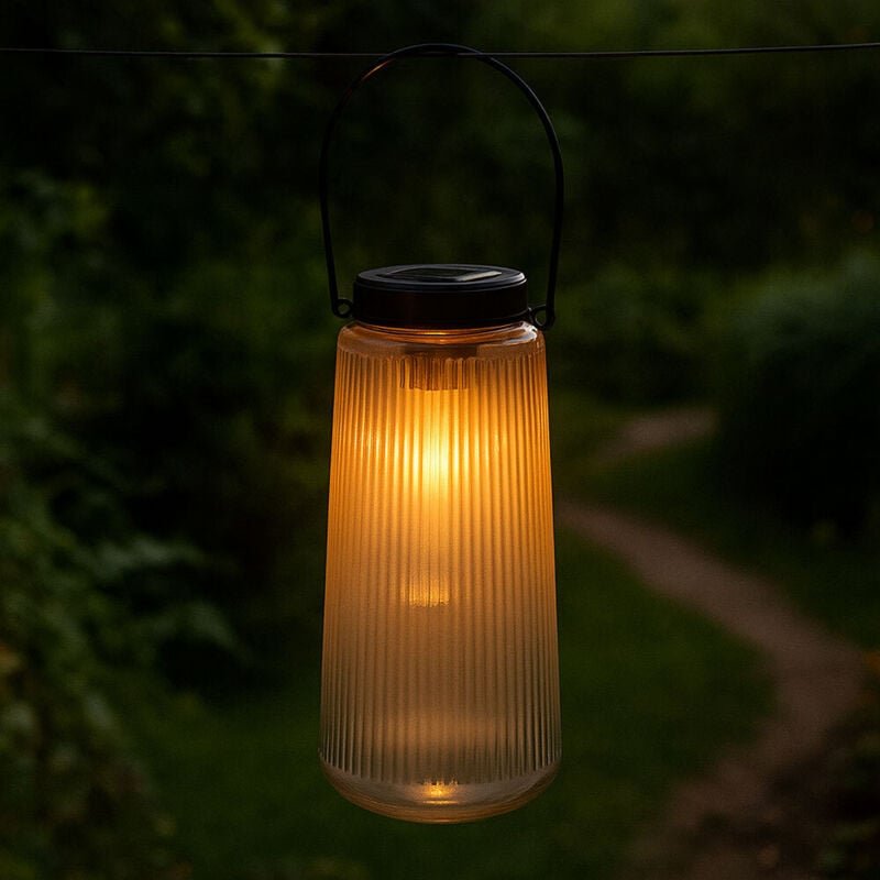 LED Solarleuchte Laterne Außenlampe Gartendeko Balkonlampe, Glas Kunststoff Metall, Akku IP44, 3000K warmweiß, H 25 cm