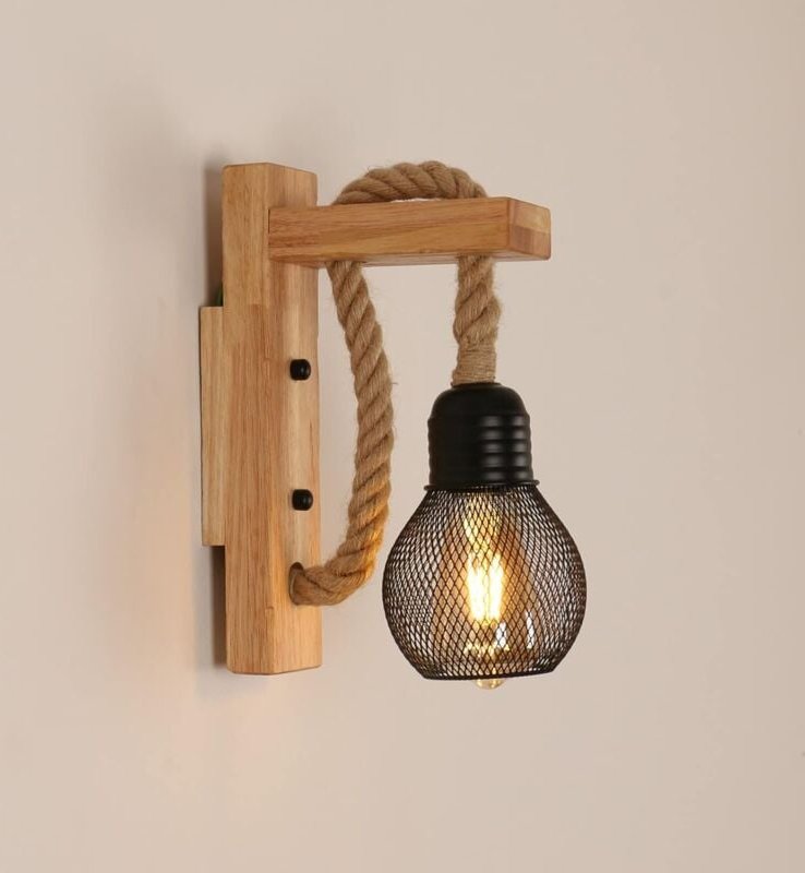 Vintage Industrielle Wandleuchte, Retro Rustikale Holz Wandlampe, Schwarzer Metallkäfigschirm, Indoor Hanfseil Holz Wand...
