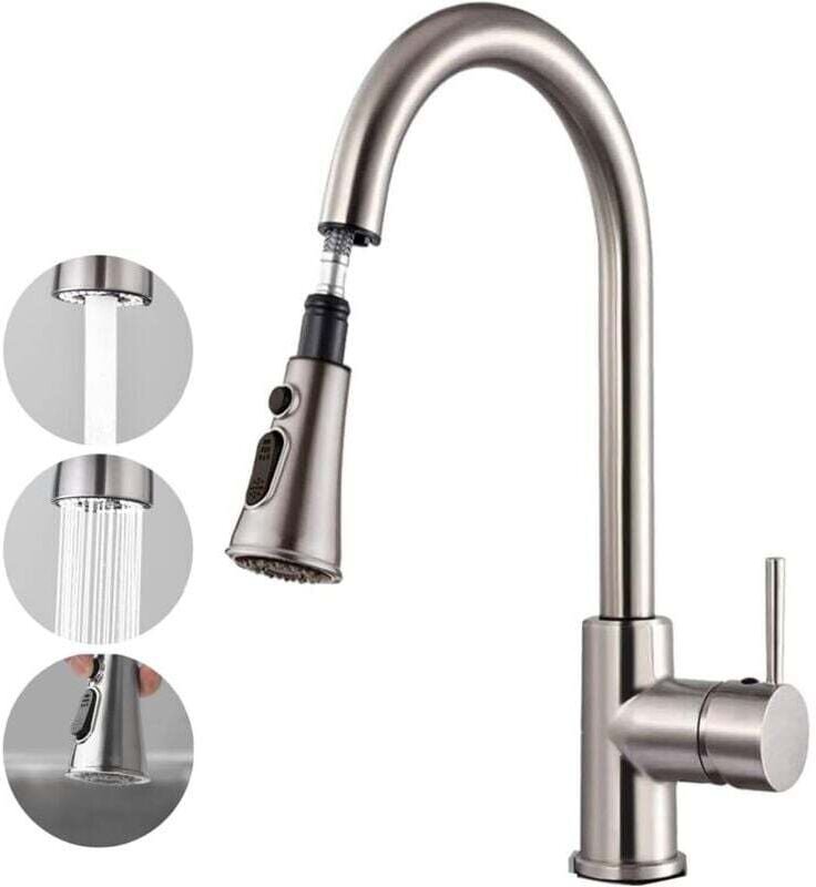 Mitigeur Cuisine Extractible Douchette 360° Rotation 2 Modes Pulvérisation Acier Inoxydable