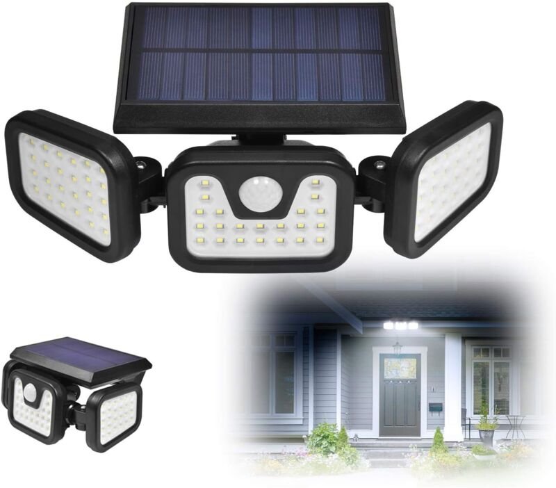 Solar-Sicherheitsleuchten, 3 drehbare Köpfe, 74 LEDs, Bewegungsmelder, 550 lm, IP65 wasserdicht, für Gehwege, Terrassen,...