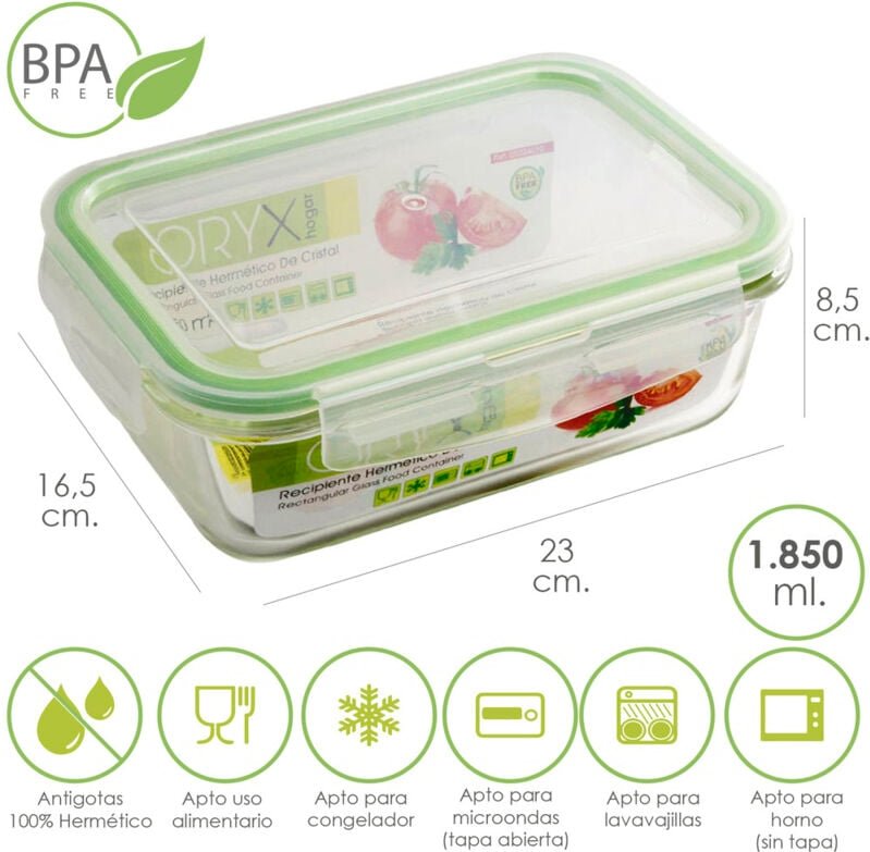 Recipiente Hermetico Cristal Rectangular 1850 ml. 23x16.5x8.5 (alt) cm.