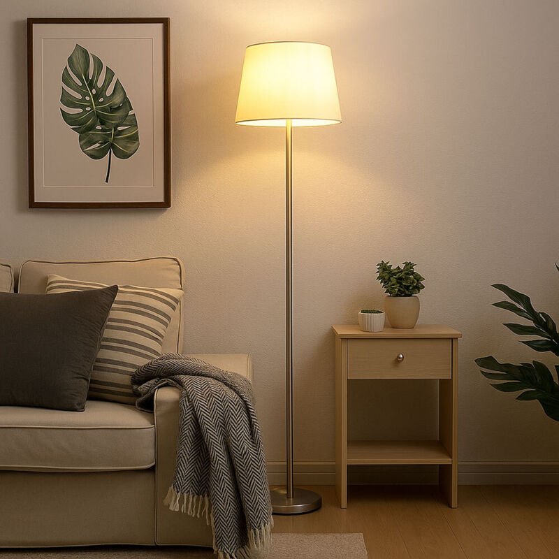 Stehleuchte Textil weiß Standlampe silber Wohnzimmerleuchte stehend, Metall, E27 Fassung, DxH 35x151 cm