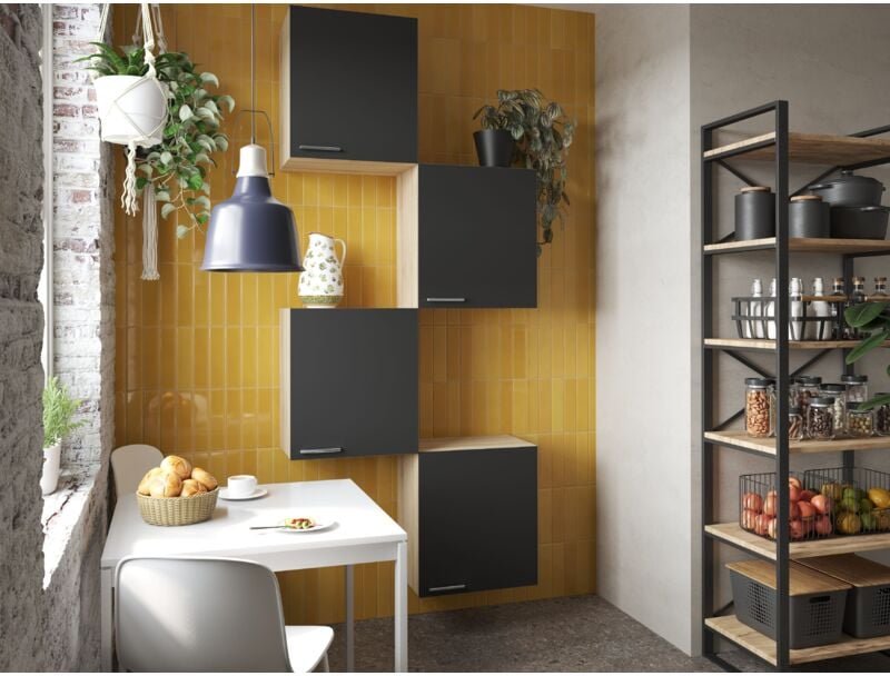 Oberschrank Hängeschrank Küche 4 x 50 cm Eiche Sägerau Schwarz Merle Respekta