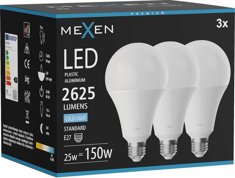 Mexen Nova 3x LED-Glühbirne E27, A95, 25W, Kalt - 6500K, 2625 lm - L100-E27-2565-01x03