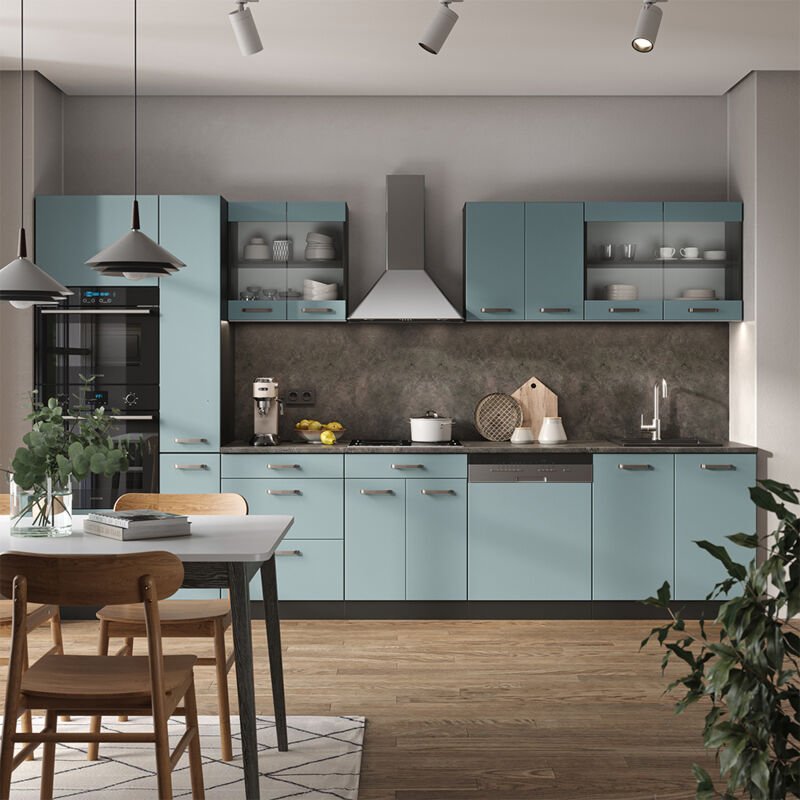 Vicco - Küchenzeile R-Line, Blau-Grau/Anthrazit, 350 cm mit Hochschrank, ap Eiche