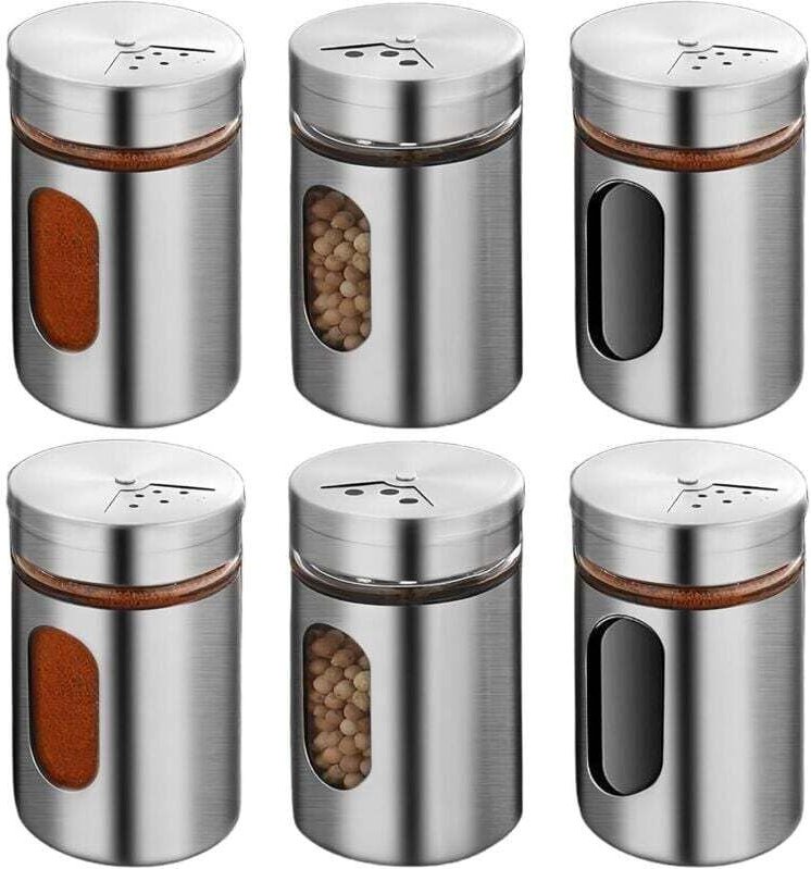 6er-Set Gewürzgläser à 80 ml: Gewürzgläser mit 3 verschiedenen Glaseinfüllöffnungen und drehbarem Edelstahldeckel, Salzb...