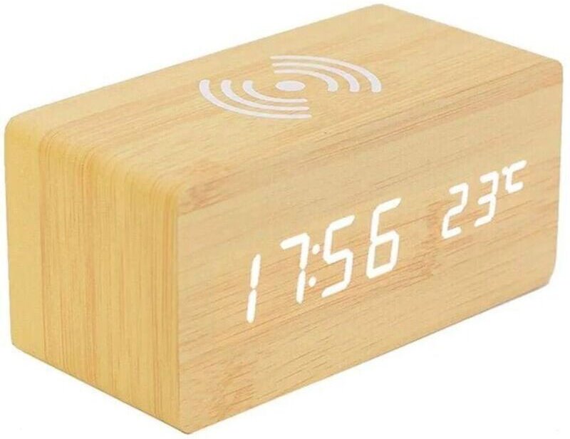 Digitaler Thermometer-Wecker, Digitaler Holzwecker, LED-Holzwecker mit kabelloser Ladefunktion, Holzwecker mit Induktion...