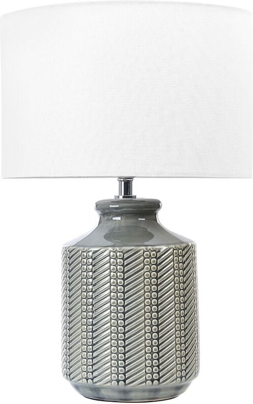 Thumbnail - Tischlampe Grau Keramik 44 cm weißer Trommelschirm handgefertigt Geometrisches Muster Nachttisch Wohnzimmer Schlafzimmer...