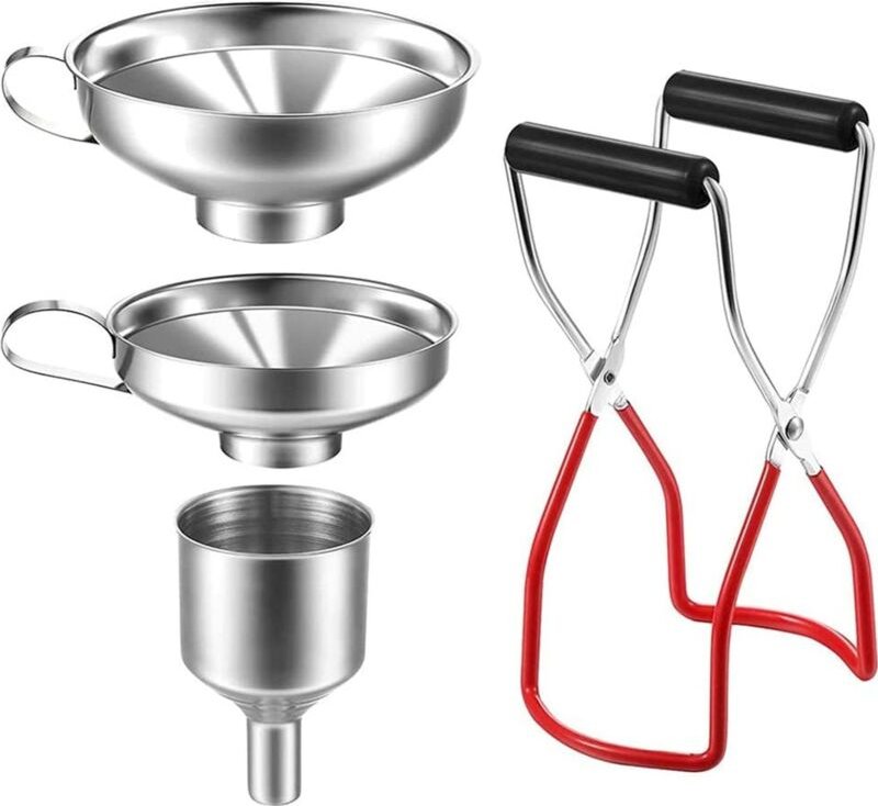 Edelstahl-Trichter-Set 4‑teilig – Marmeladen- & Fülltrichter mit Griff, inkl. Einmachzange für Gewürze, Flüssigkeiten & ...