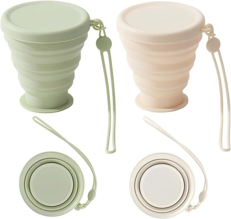 2 Stück zusammenklappbare Silikonbecher, faltbare Reisebecher mit luftdichtem Deckel, wiederverwendbares tragbares Silik...