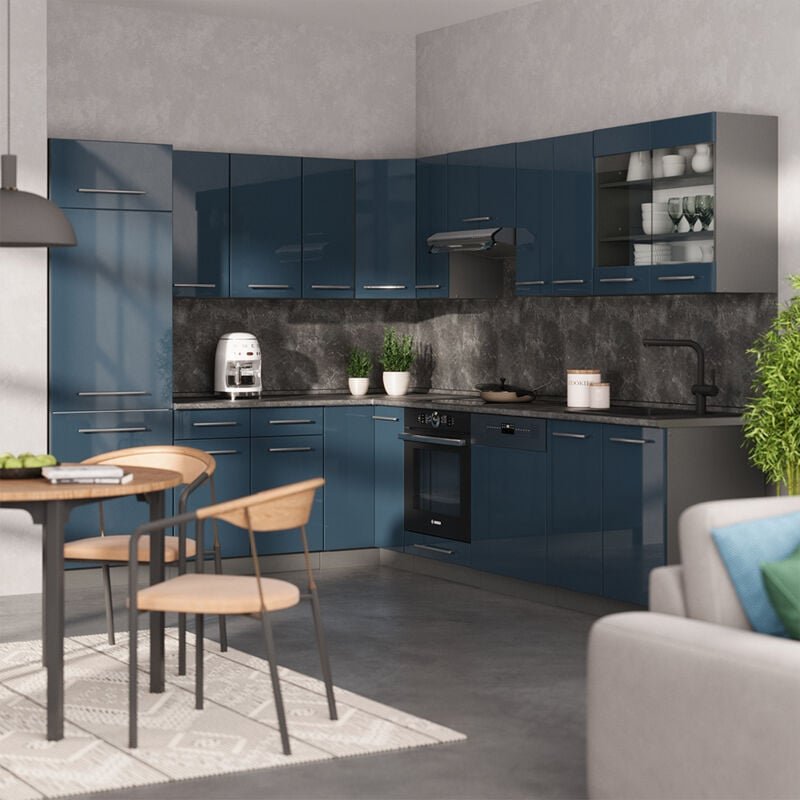 Eckküche Fame-Line, Dunkelblau Hochglanz/Anthrazit, 227 x 287 cm , AP Marmor, Vicco