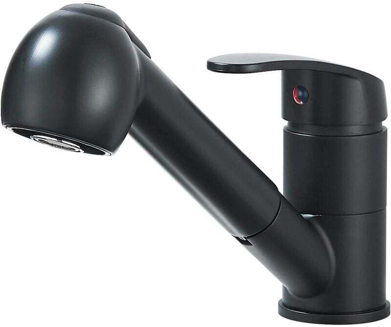 Schwarze Küchenarmatur mit Ausziehbrause, Einhebelmischer, 360° schwenkbar, 1-Loch-Montage, 2 Strahlarten, Messing