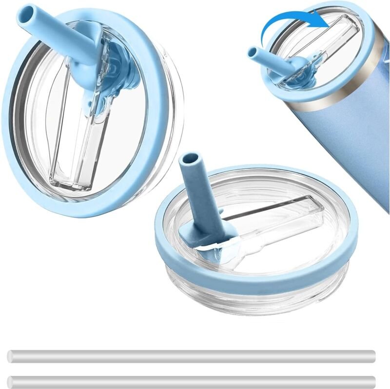 2er-Pack himmelblaue auslaufsichere Ersatzdeckel (10 x 10 x 2,6 cm) für 1134-ml-Becher, auslaufsichere Deckel mit 2 Stro...