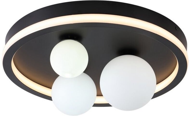 Searchlight Trident 3-flammige LED-Deckenleuchte, schwarzes Metall und Opalglaskugeln