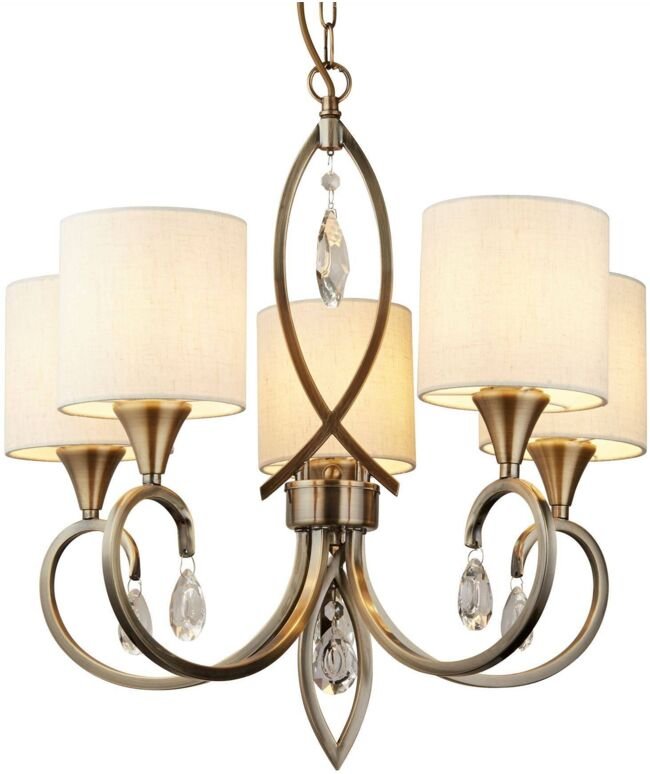 Searchlight Alberto - 5 Light Multi Arm Deckenanhänger Antik Messing, Creme mit Kristallen, E14