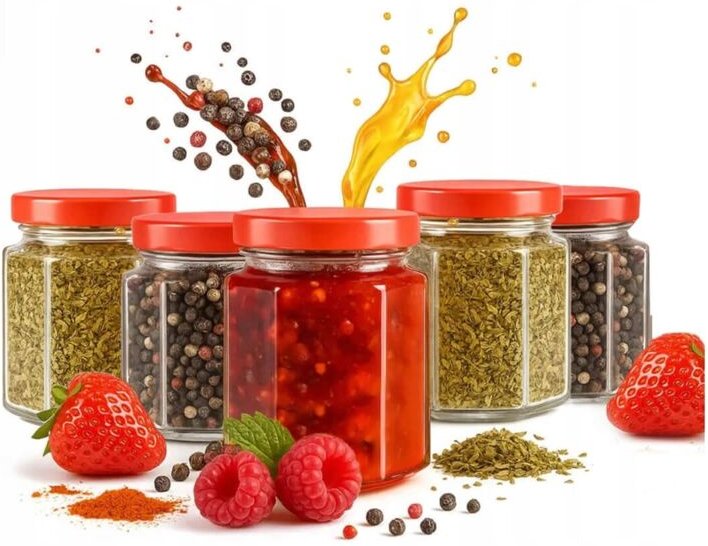 5x sechseckige Glasbehälter 200ml für Marmelade, Honig, Konfitüre, Gewürze