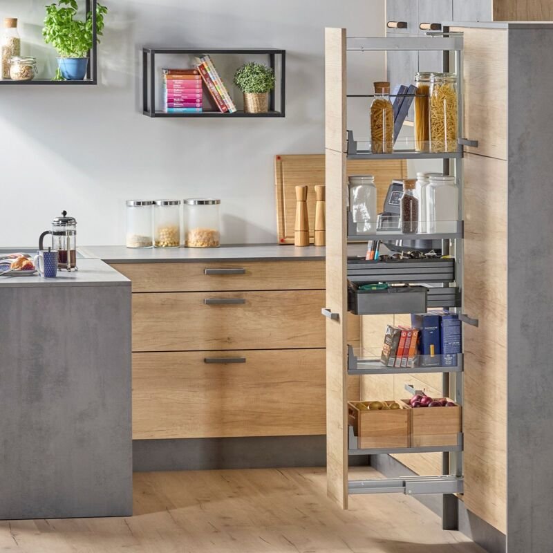 Kesseböhmer Dispensa Sets mit Tablaren silbergrau mit Glasreling, Höhe von 1900-2300 mm, 5 Tablare für 400 mm Schrankbre...