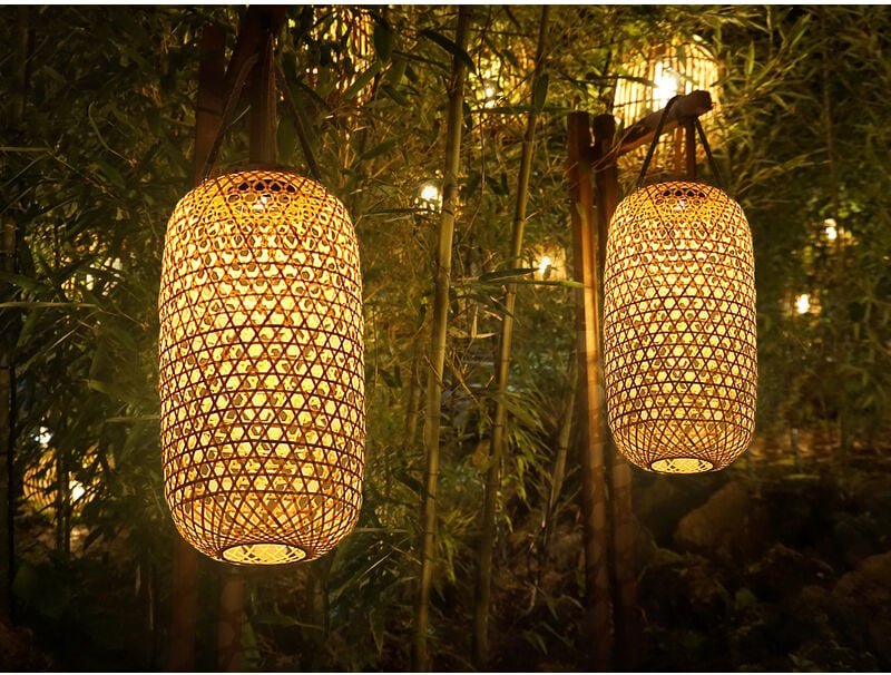 Meinewunschleuchte - led Solarlaternen 2er set hängend aus Bambus Korbgeflecht Höhe 56,5cm