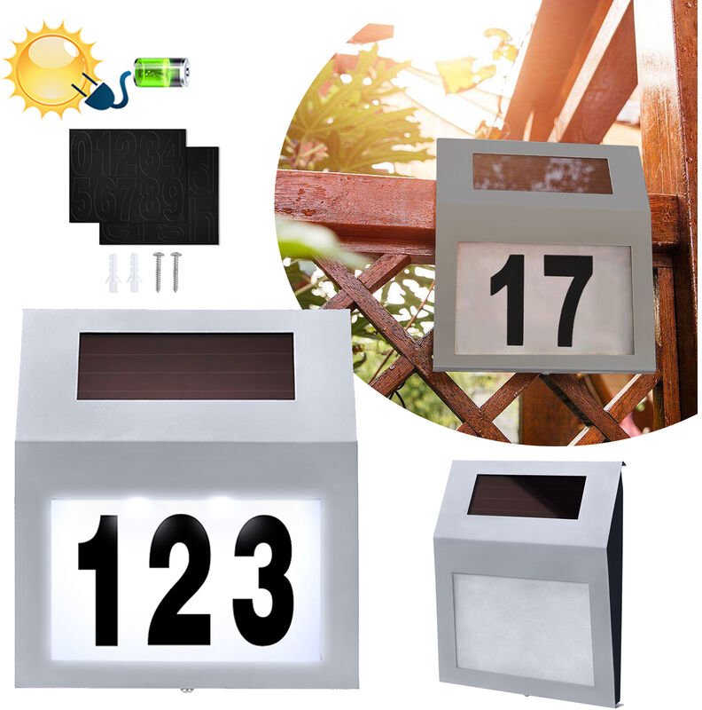 Solar led Hausnummer Beleuchtet Edelstahl - Solarhausnummer mit 2 led für außen - Solarleuchte mit Dämmerungsschalter un...