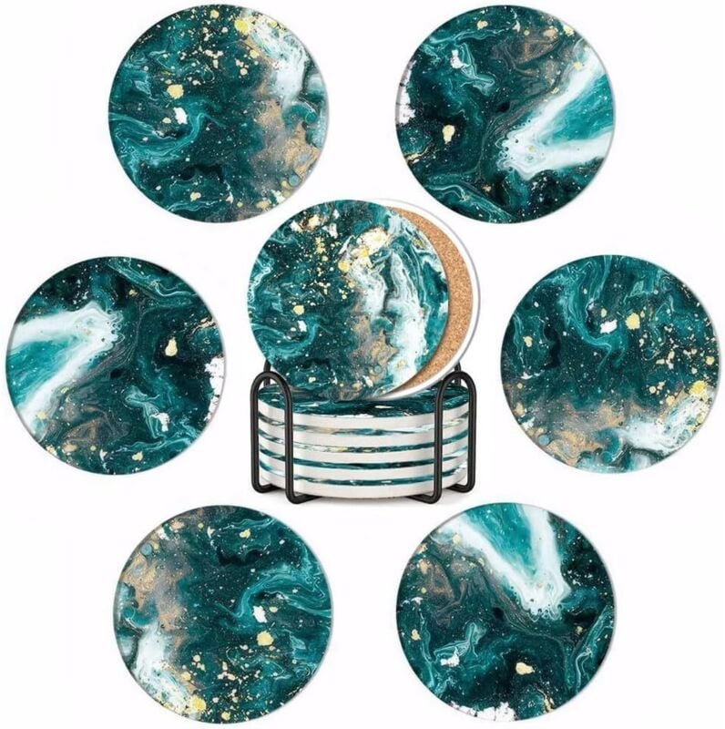 Set mit 6 runden Untersetzern mit Halter, Korkboden, Keramik, saugfähig, kratzfest, für Zuhause, Büro, Bar, Kaffeetassen...