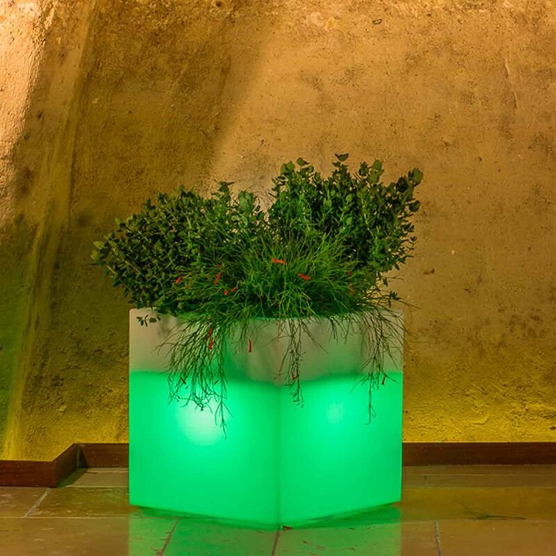 Harz-Blumentopf Cube mit Led h40 40x40 grüner Lampe