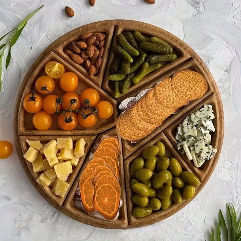 Rustikales Serviertablett aus Holz mit 8 Fächern, ideal für Obst und Desserts, perfekt für Partys und Hochzeiten.