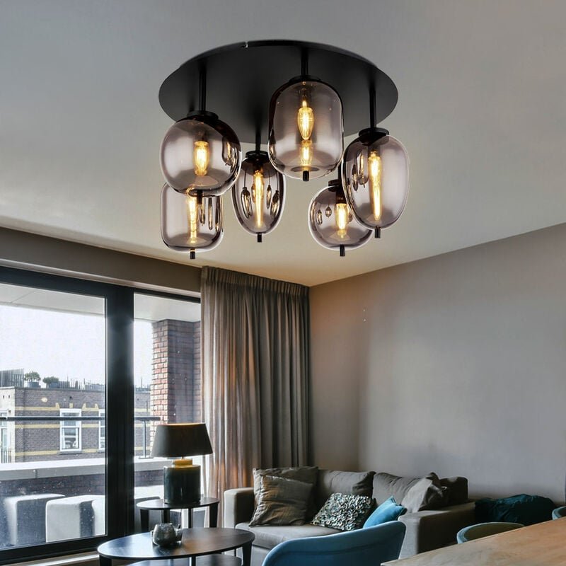 Deckenleuchte Deckenlampe Esszimmerlampe Glas rauchfarben 6 flammig, Metall schwarz, 6x E14 Fassungen, DxH 65x38cm