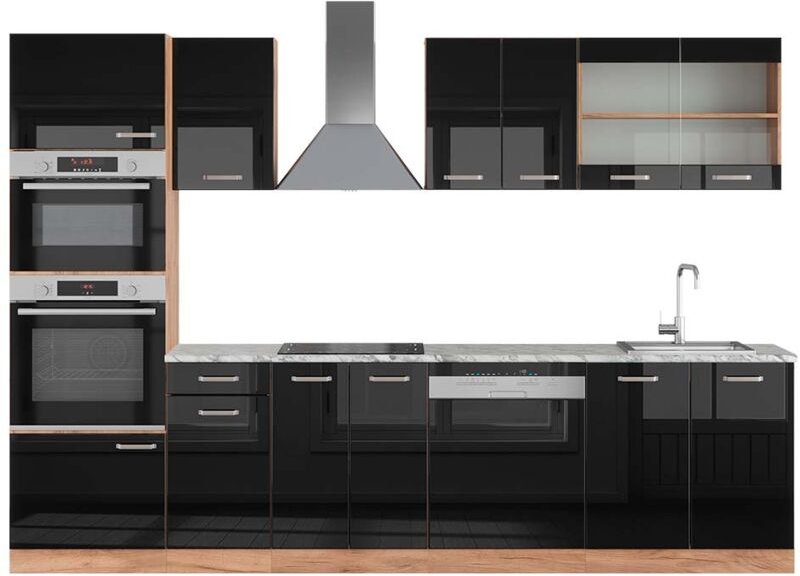Küchenzeile R-Line, Schwarz Hochglanz/Goldkraft Eiche, 300 cm mit Hochschrank, AP Marmor, Vicco