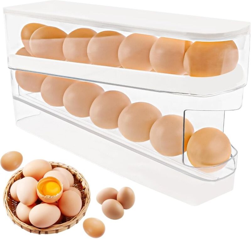 Automatischer Eierspender mit zwei Ebenen, Eierorganizer für den Kühlschrank, platzsparende Eieraufbewahrung mit Rollen,...